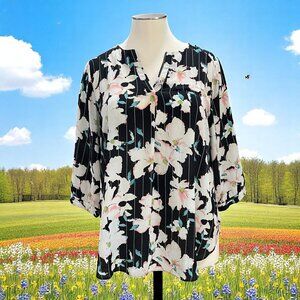Sami And Jo Plus‎ Floral Blouse Black Pink White 2X Spring Top Lightweight